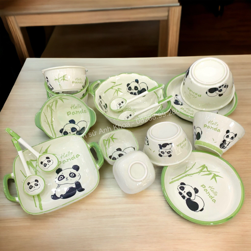 Bộ Bát Đĩa Gốm Sứ Decor, Bát Ăn Cơm, Bát Ăn Chè, Chén Dĩa Dễ Thương Bộ Bát Gấu Panda Xanh Lá xinh yêu Gomsudecor21