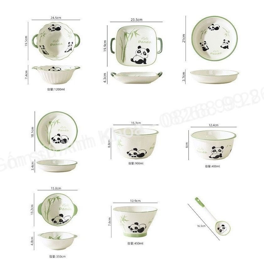 Bộ Bát Đĩa Gốm Sứ Decor, Bát Ăn Cơm, Bát Ăn Chè, Chén Dĩa Dễ Thương Bộ Bát Gấu Panda Xanh Lá xinh yêu Gomsudecor21