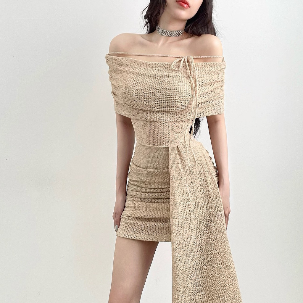 Đầm trễ vai ôm body Jasper Dress NGOCCLOTHING nữ  Váy ngắn ôm body chất liệu thun dệt kim đơn giản, quyến rũ