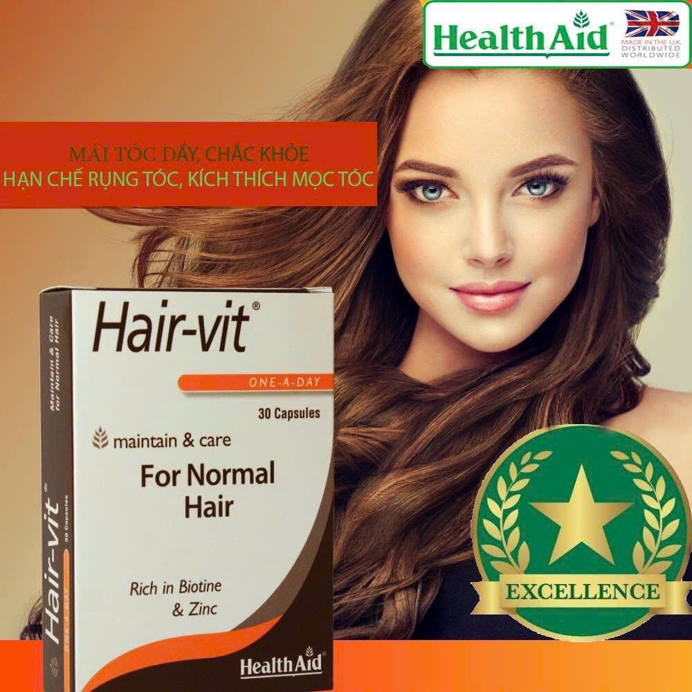 Viên Uống Nuôi Dưỡng Tóc HAIR-VIT HEALTHAID Hộp 30 viên, Hỗ trợ kích thích mọc tóc nhanh, ngăn ngừa rụng tóc-Anh Quốc
