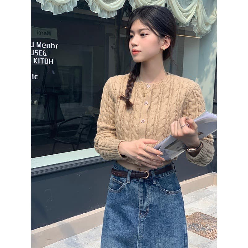 Áo cardigan len dáng croptop ngắn cổ tròn có khuy MSP 552