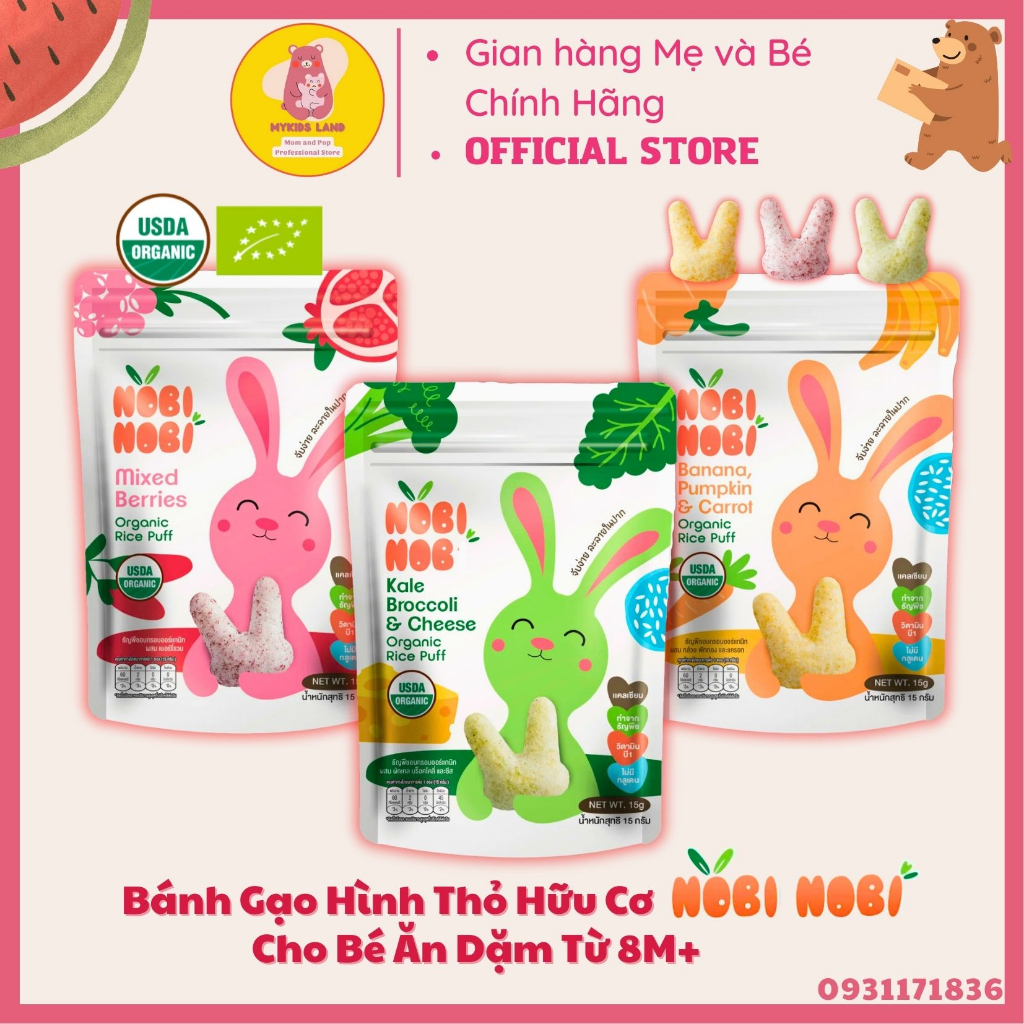 Snack Bánh Gạo Ăn Dặm Hữu Cơ NOBI NOBI Hình Tai Thỏ Túi 15g Cho Bé Từ 6M+