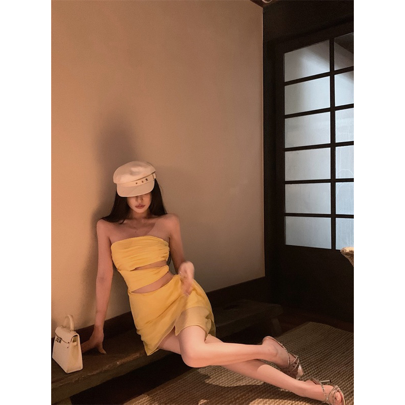 ROSALEE Đầm voan cúp ngực màu vàng sang chảnh cho nữ Rein Dress