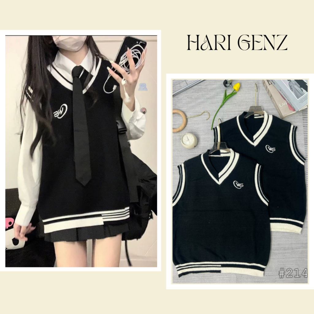 Áo gile len cổ V form rộng thêu logo phối viền bazic trẻ trung Hari GenZ 214 P12k12