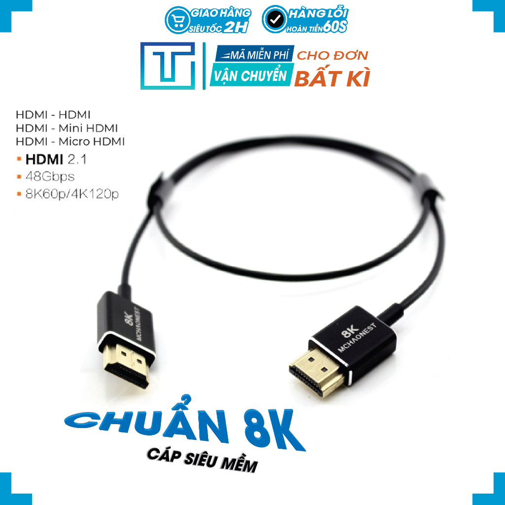 Dây cáp Mini/Micro/HDMI to HDMI chuẩn 2.1 Raw 8K Siêu mềm cho Antomos (Bảo Hành 12 Tháng)