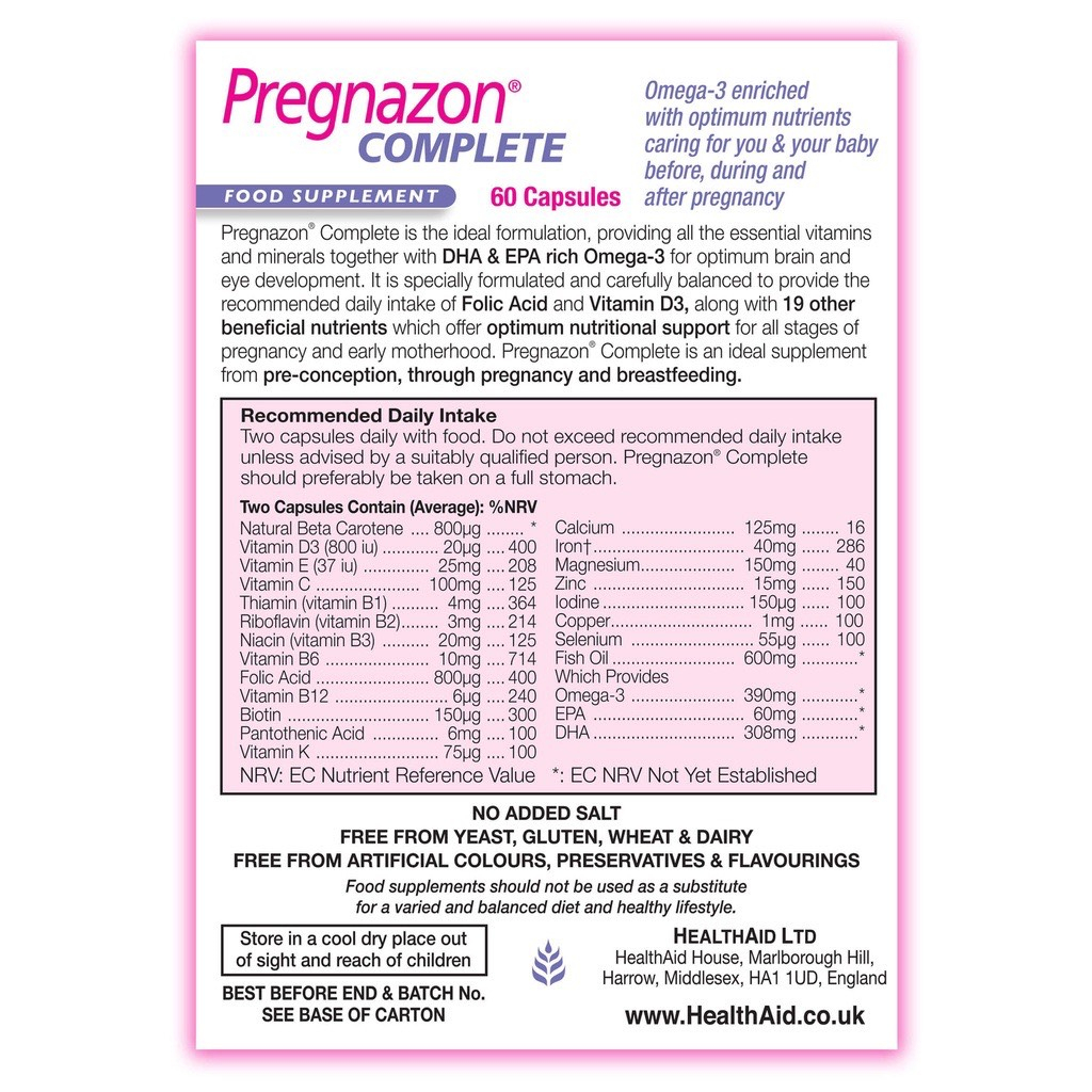 Viên Bổ Bầu HealthAid Pregnazon Complete - Cung cấp Vitamin và Khoáng Chât thiết yếu cho mẹ bầu H/60v - ANH QUỐC