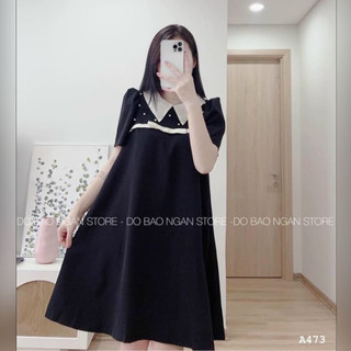 Đầm bầu váy bầu công sở mùa hè màu đen có cổ nhọn lịch sự nhã nhặn