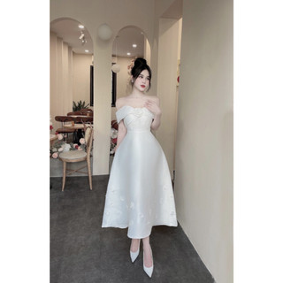  Cici Dress - Đầm trắng trễ vai kem hoa đầm dáng dài đi tiệc 