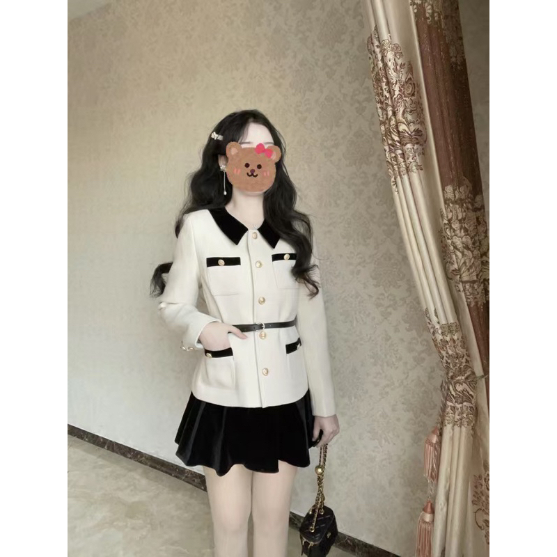 🌷 Áo dạ tweed kiểu Pháp áo dạ dài tay cúc đồng kèm đai eo tiểu thư