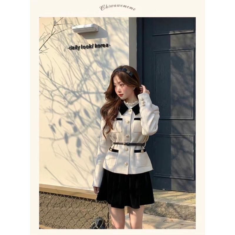 🌷 Áo dạ tweed kiểu Pháp áo dạ dài tay cúc đồng kèm đai eo tiểu thư