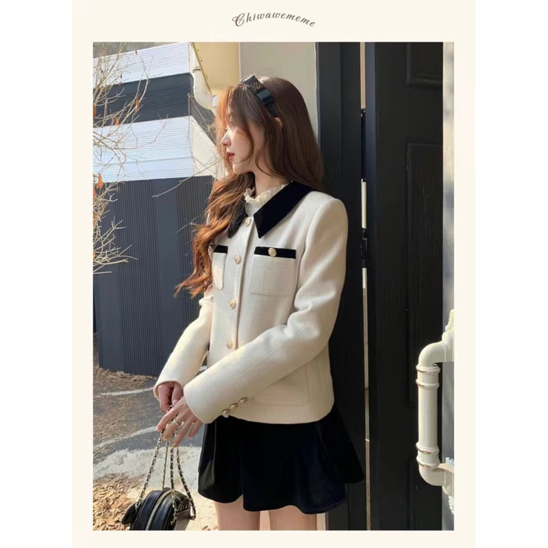 🌷 Áo dạ tweed kiểu Pháp áo dạ dài tay cúc đồng kèm đai eo tiểu thư