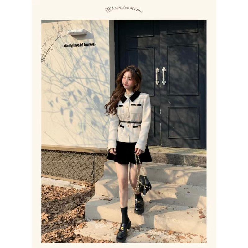 🌷 Áo dạ tweed kiểu Pháp áo dạ dài tay cúc đồng kèm đai eo tiểu thư