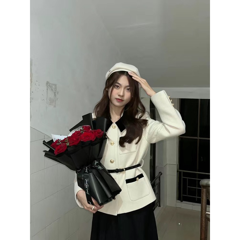 🌷 Áo dạ tweed kiểu Pháp áo dạ dài tay cúc đồng kèm đai eo tiểu thư