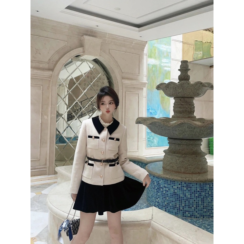 🌷 Áo dạ tweed kiểu Pháp áo dạ dài tay cúc đồng kèm đai eo tiểu thư