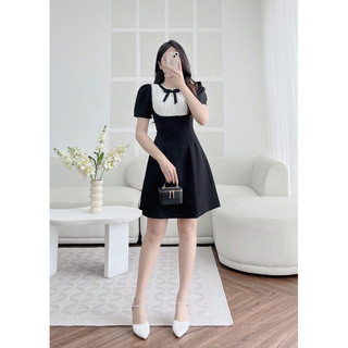 Đầm tiểu midi cổ tròn phối ren trước ngực đính nơ cổ thiết kế