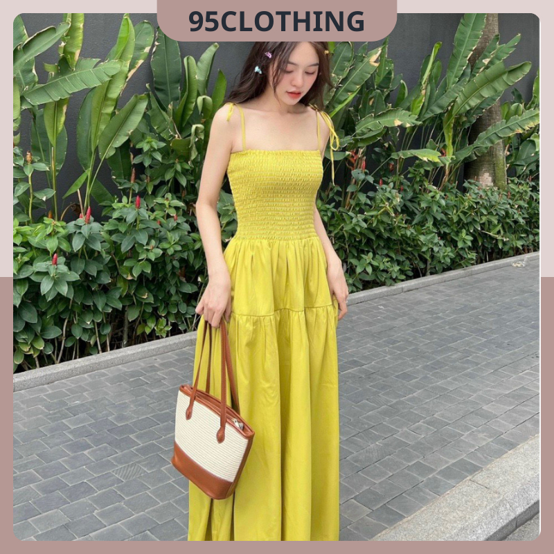 Đầm Maxi Tầng 2 Dây Nhún Thun Cột Nơ, Váy Nữ Đi Biển Babydoll Xòe Kiểu Hàn Form Đẹp