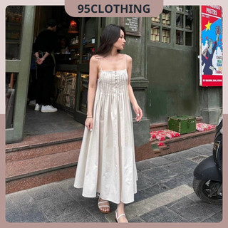Váy nữ babydoll đi biển mềm 2 lớp quảng châu, đầm maxi 2 dây xếp li phối nút du lich đi biển siêu xinh