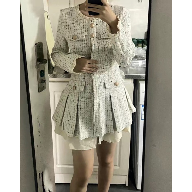 🌷 Váy vest dạ tweed Váy dạ tweed kiểu Pháp cúc đồng dài tay thu đông