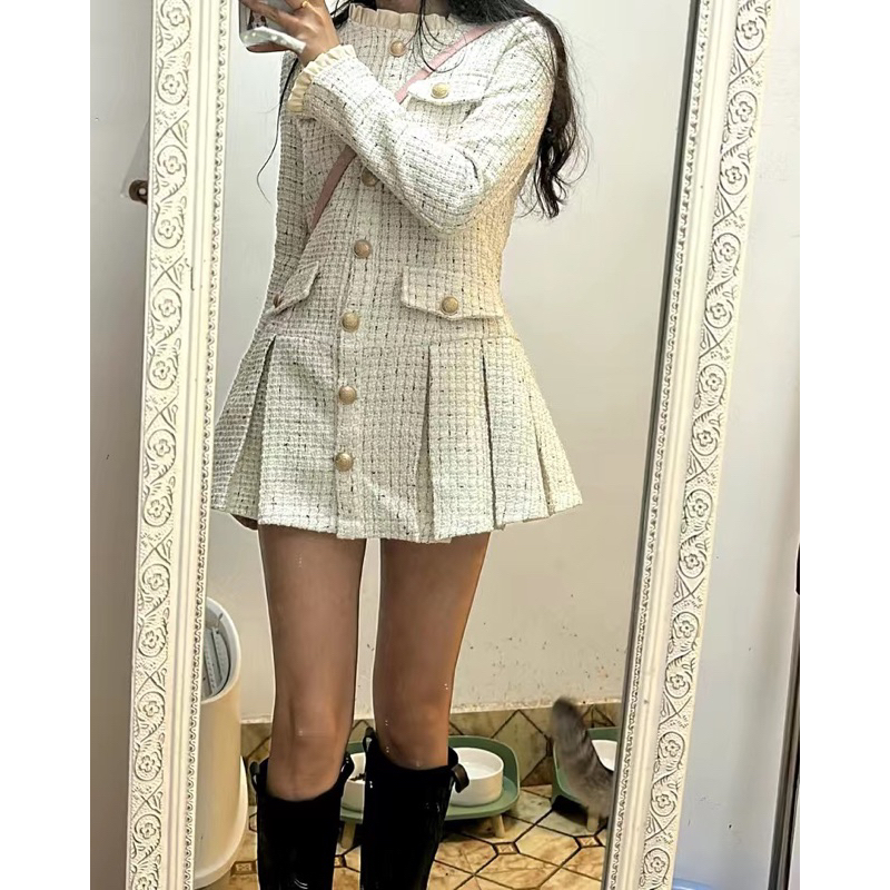 🌷 Váy vest dạ tweed Váy dạ tweed kiểu Pháp cúc đồng dài tay thu đông