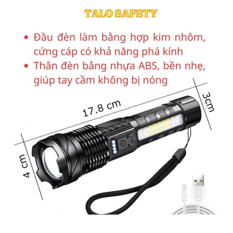 Đèn pin A76 pin 18650 tích hợp, led laser sáng xa và gom, sạc type C