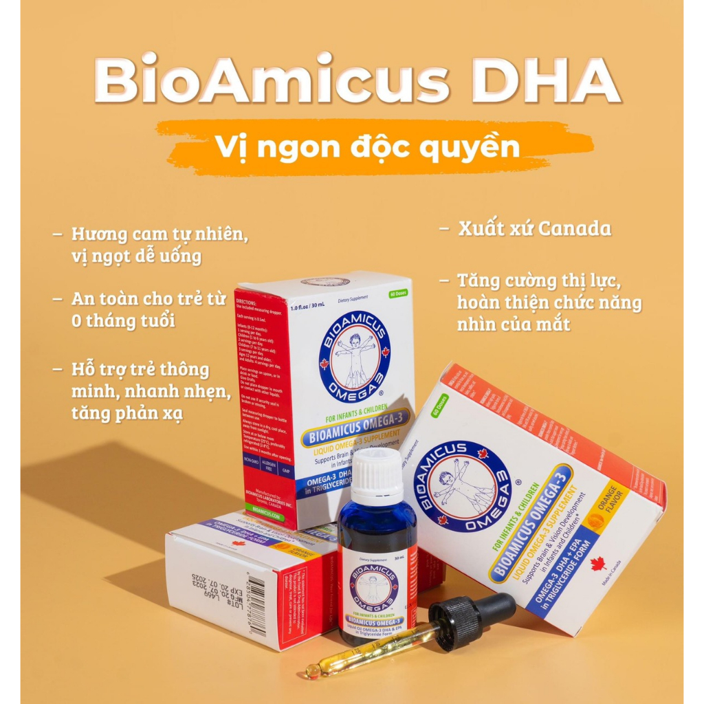 Bioamicus Omega 3 Bổ Sung DHA Giúp Bé Thông Minh Mắt Sáng Khỏe Hương Cam Thơm Tự Nhiên 30ml