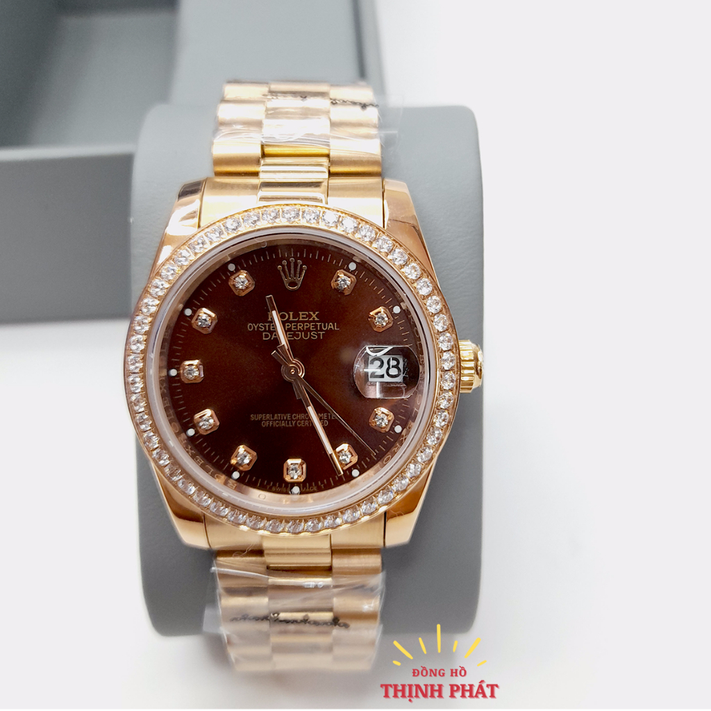 Đồng Hồ Nam ROLEX máy pin Nhật - Xoàn Đính Đá màu Vàng Hồng - Kính Sapphire cao cấp