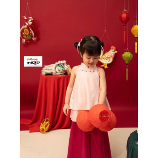 Set áo cổ yếm hoa nhí kèm quần lụa hồng cho bé gái
