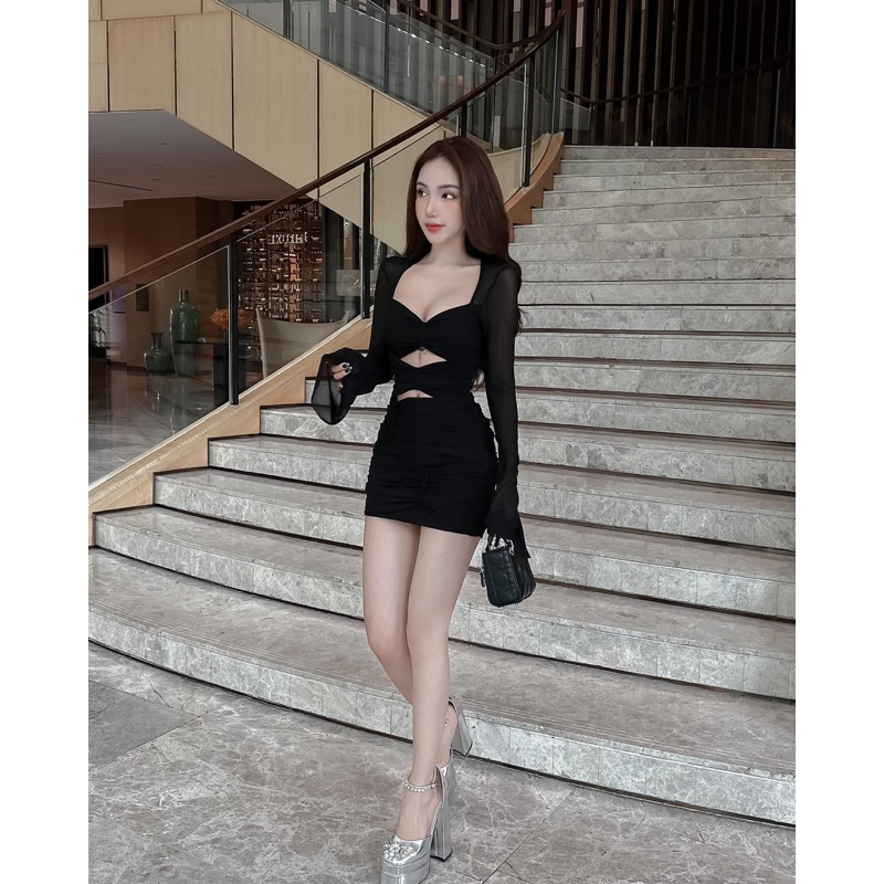 Đầm Body Lưới Sheer Co Giãn Tay Loe Cut Out