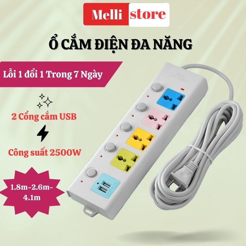 Ổ Cắm Điện Đa Năng Melli Ổ Điện 6 Cổng 2 Cáp USB  Dây Cáp Chắc Chắn Chống Giật Vô Cùng Tiện Lợi Dây Dài 1,8M 2.6M 4M