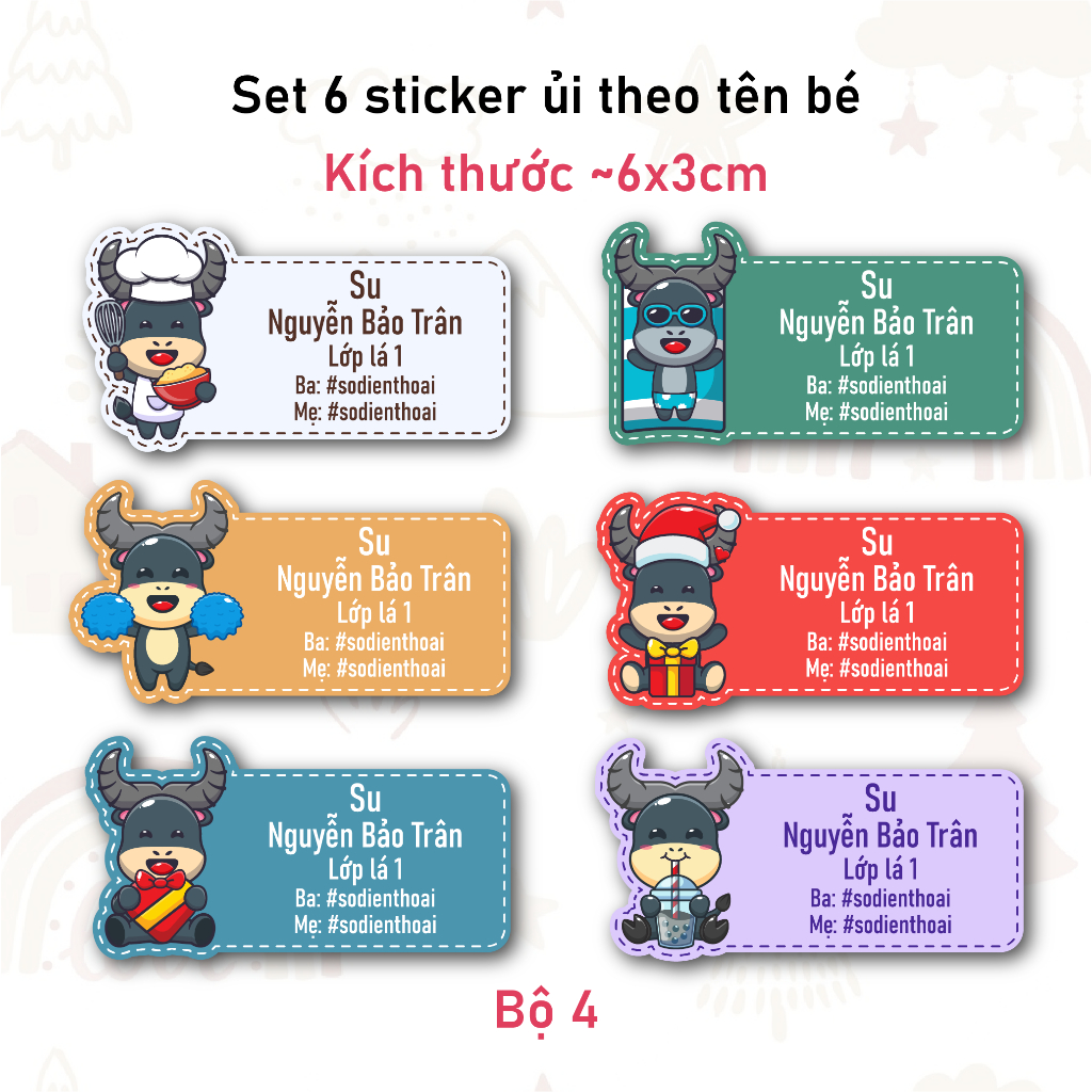 Bộ 6 Sticker Ủi In Tên Bé Mẫu Bé Trâu Dễ Thương - Sticker Ủi Quần Áo, Ba lô, Chăn Gối Đánh Dấu Đồ Dùng Cá Nhân Cho Bé