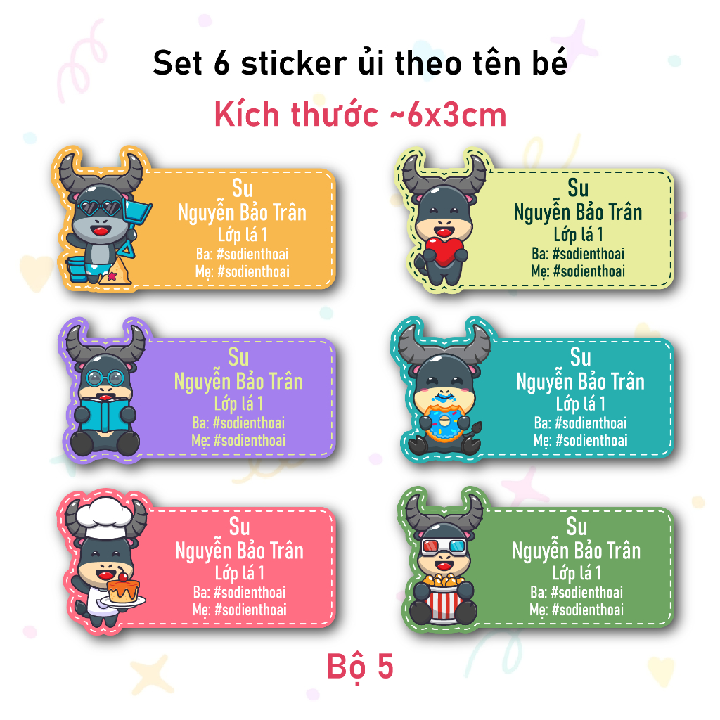 Bộ 6 Sticker Ủi In Tên Bé Mẫu Bé Trâu Dễ Thương - Sticker Ủi Quần Áo, Ba lô, Chăn Gối Đánh Dấu Đồ Dùng Cá Nhân Cho Bé