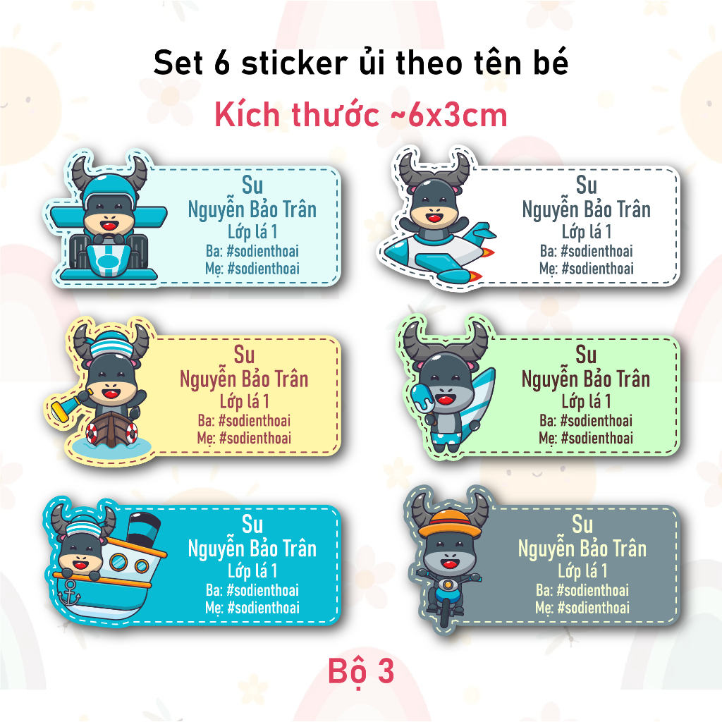 Bộ 6 Sticker Ủi In Tên Bé Mẫu Bé Trâu Dễ Thương - Sticker Ủi Quần Áo, Ba lô, Chăn Gối Đánh Dấu Đồ Dùng Cá Nhân Cho Bé