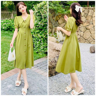 Đầm sơ mi màu xanh bơ nhúng thun sau xuongvnxk (kèm hình thật)