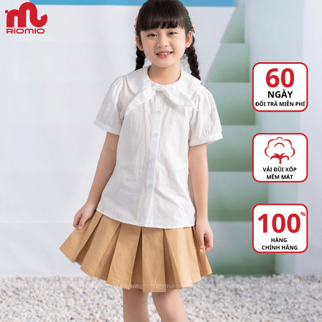 Set áo chân váy bé gái Riomio áo sơ mi cổ thủy thủ gắn nơ phối chân váy xếp ly cho bé 5 đến 11 tuổi RA665, RCV661