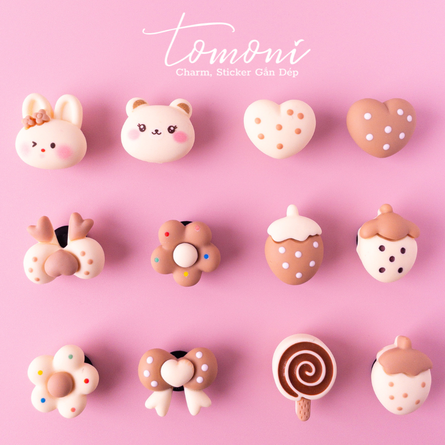 Sticker Dép, Charm Gắn Dép  DIY Hình Thỏ, Dâu, Nơ, Hoa Màu Kem Nâu - HQ54