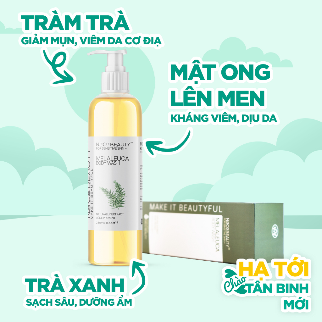 Sữa Tắm Mụn Lưng Body NACOBEAUTY Melaleuca Body Wash Giảm Viêm Nang Lông Mờ Thâm Ngừa Mụn Lưng Ngực Sáng Da 250ml