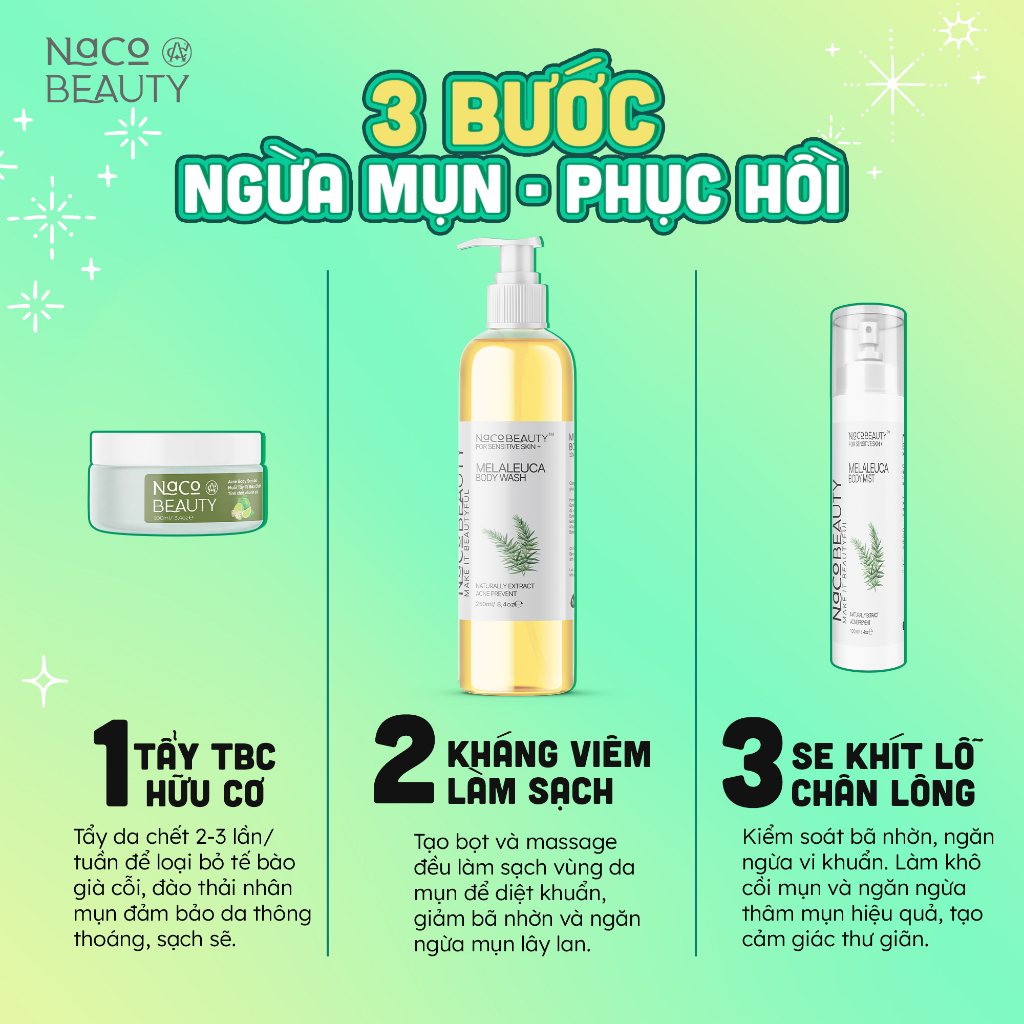 Sữa Tắm Mụn Lưng Body NACOBEAUTY Melaleuca Body Wash Giảm Viêm Nang Lông Mờ Thâm Ngừa Mụn Lưng Ngực Sáng Da 250ml