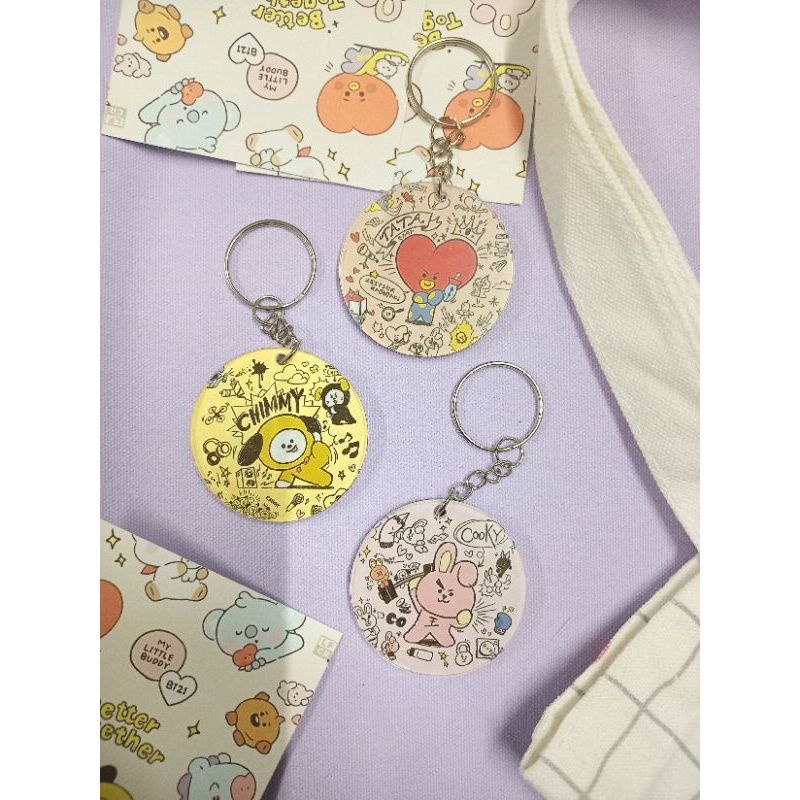 Móc khóa mica 2 mặt BTS. Móc treo balo, túi hình BTS hình tròn