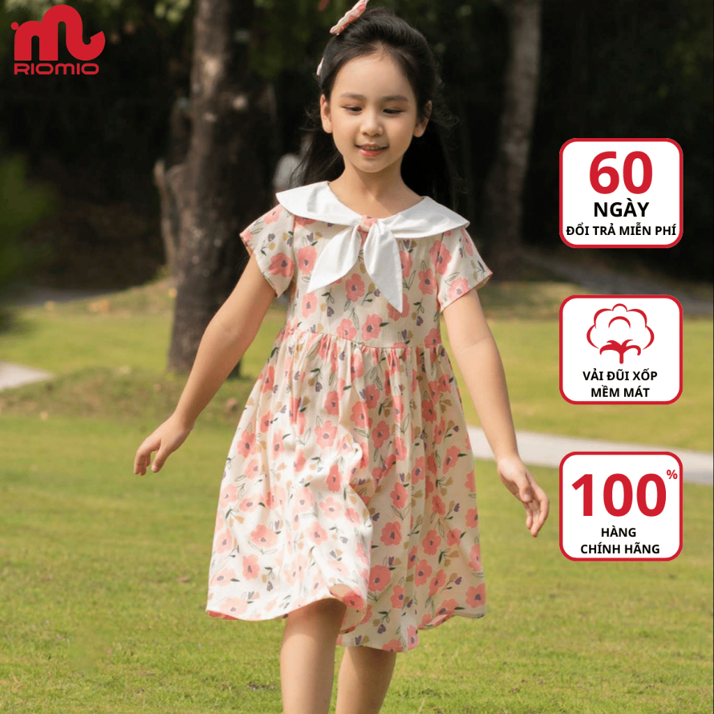 Váy bé gái Riomio công chúa đầm bé gái vải thô họa tiết hoa nhí cổ thủy thủ phối nơ xinh sắn size đại 15 đến 36kg RV386