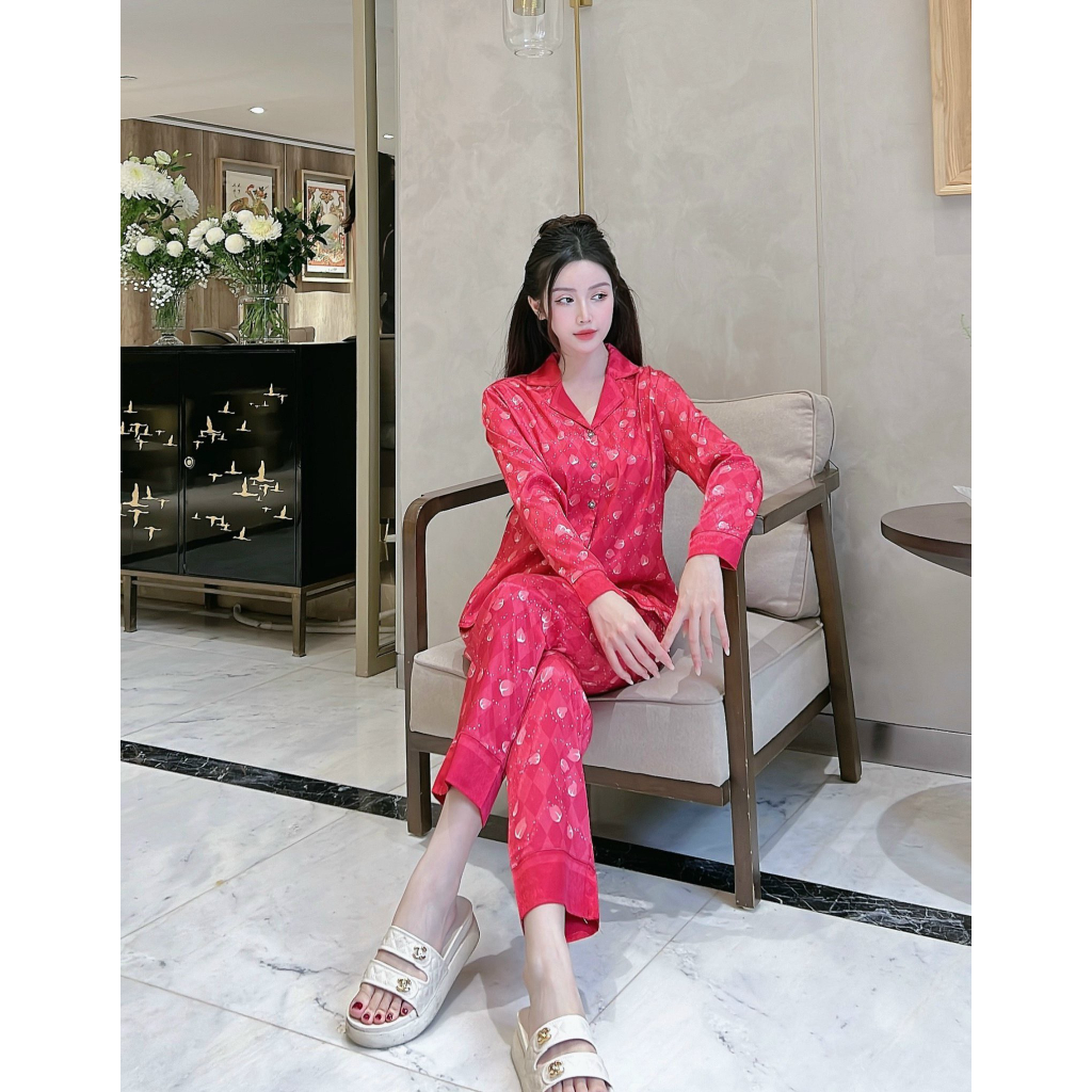 Bộ đồ ngủ pijama ANNA cao cấp chất lụa vân gỗ dáng pijama dài thu đông họa tiết trám phối hoa cực xinh