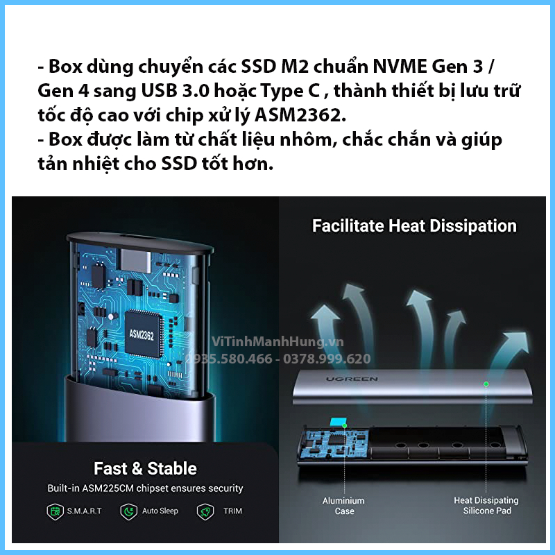 Box UGREEN chuyển SSD M2 NVME Gen 3 / Gen 4 sang USB 3.0 / Type C, Ugreen 10902.
