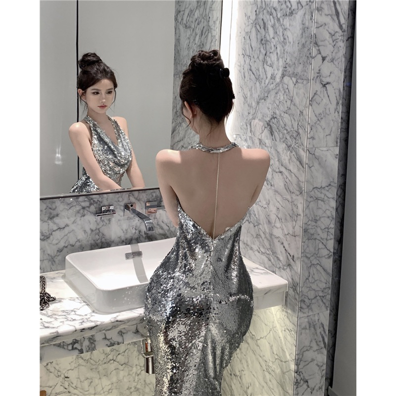 Đầm body hở lưng màu bạc bling khí chất cao cấp tiệc dạ hội
