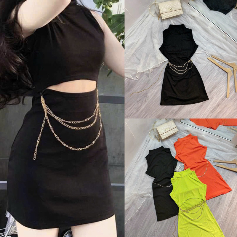 Đầm ba lỗ phối xích ôm body khoét eo chất thun borip dày mịn đẹp