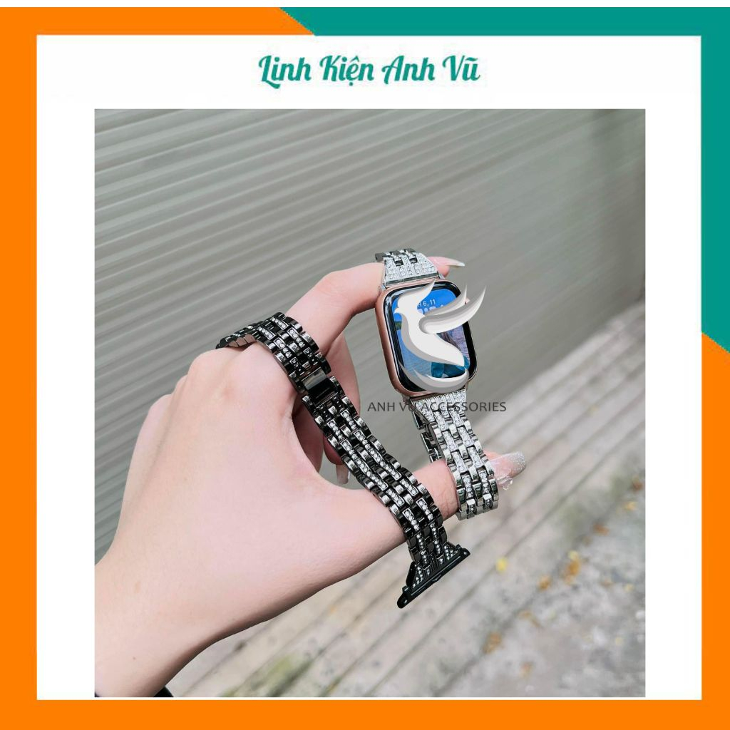 Dây thép đính hột bản nhỏ sang trọng cho Đồng hồ iWatch 49mm 45mm 44mm 42mm 41mm 40mm 38mm