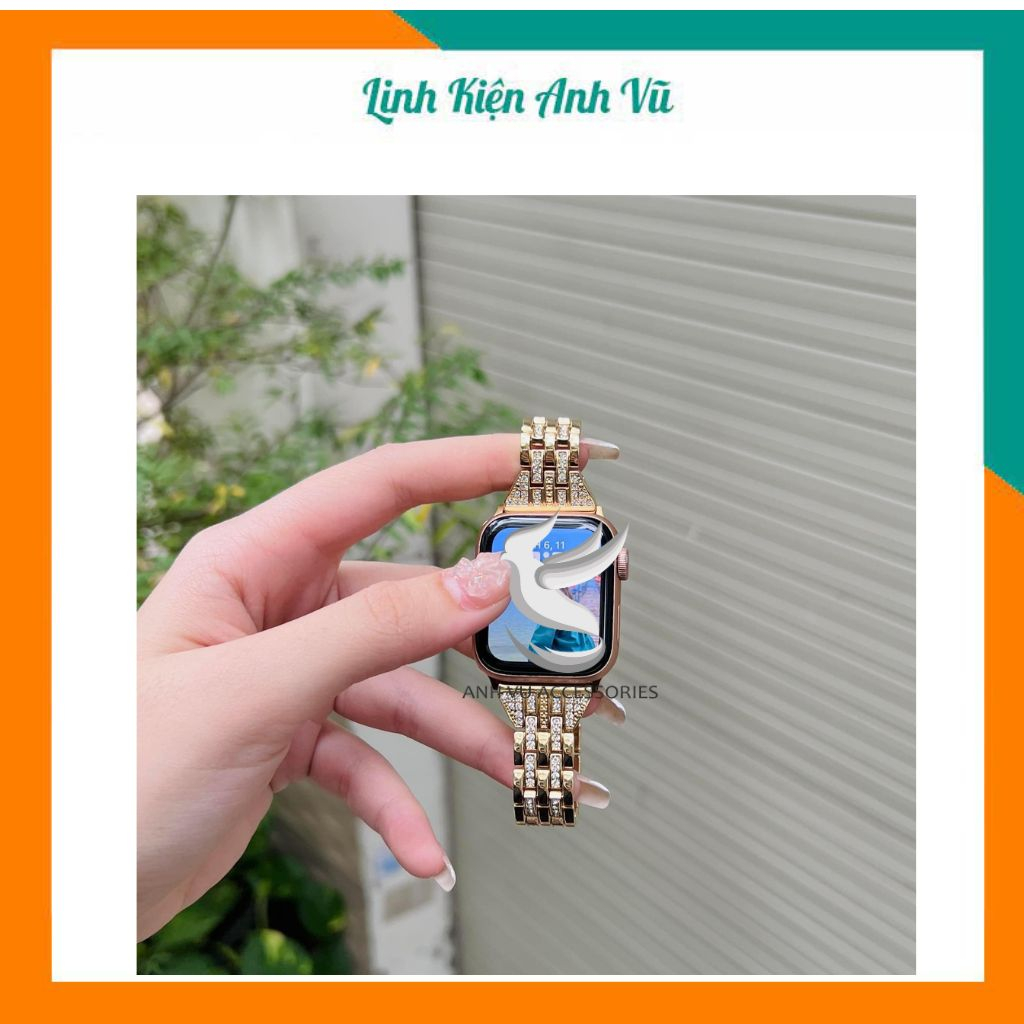 Dây thép đính hột bản nhỏ sang trọng cho Đồng hồ iWatch 49mm 45mm 44mm 42mm 41mm 40mm 38mm