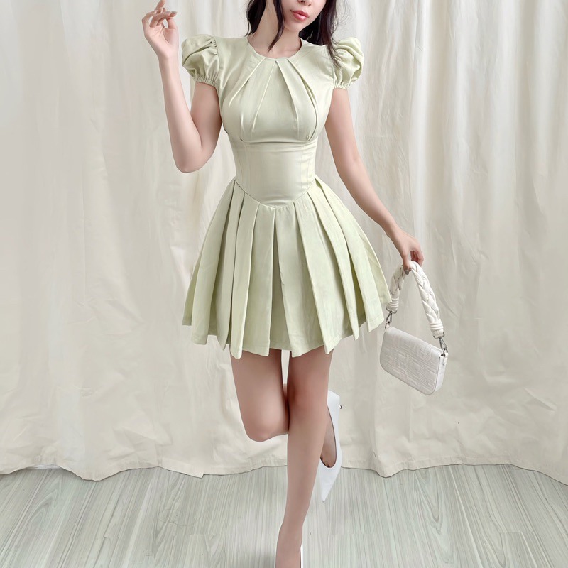 Mimo - Đầm xoè tùng xếp ly nhúng ngực nữ tính, đáng iu. Chất linen thanh lịch