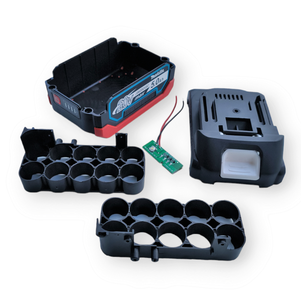 Vỏ pin 10 cell 18v / 21v Chống sốc, Có báo pin. Chân thông dụng 4cm gắn vừa các máy makita, hitachi, dewat, voto...