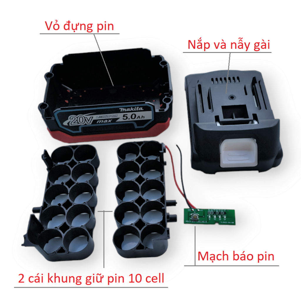 Vỏ pin 10 cell 18v / 21v Chống sốc, Có báo pin. Chân thông dụng 4cm gắn vừa các máy makita, hitachi, dewat, voto...