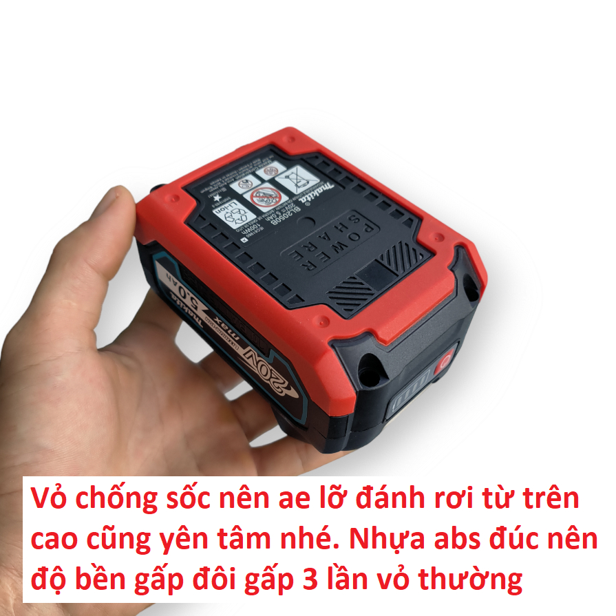 Vỏ pin 10 cell 18v / 21v Chống sốc, Có báo pin. Chân thông dụng 4cm gắn vừa các máy makita, hitachi, dewat, voto...