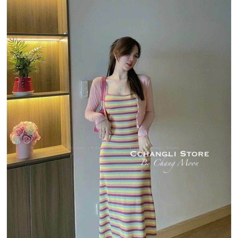 Sét váy 2 dây kẻ kèm áo cadigan mỏng